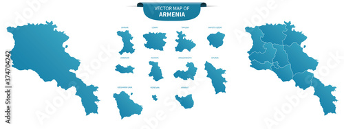 blue colored political maps of Armenia isolated on white background