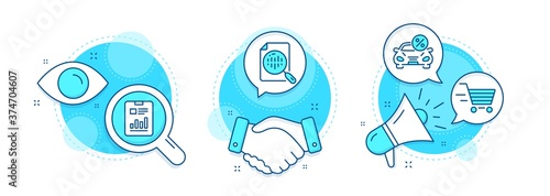 Analytics chart, Car leasing and Report document line icons set. Handshake deal, research and promotion complex icons. Delivery shopping sign. Vector