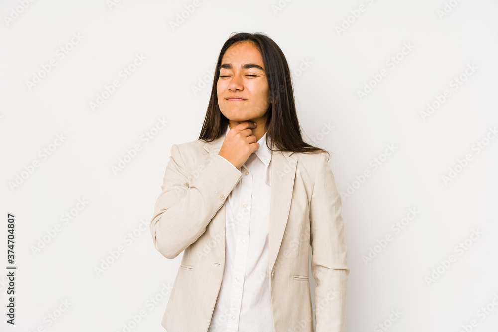 Young woman isolated on a white background suffers pain in throat due a virus or infection.