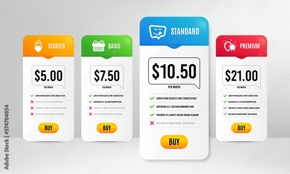 Obraz premium Yummy smile, Gift and Heart flame icons simple set. Price table template. Balloon dart sign. Emoticon, Present, Love fire. Attraction park. Holidays set. Comparison table with yummy smile icon. Vector