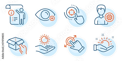 Manual doc, Seo target and Touchscreen gesture signs. Farsightedness, Sun protection and Sunny weather line icons set. Support, Hold box symbols. Eye vision, Ultraviolet care. People set. Vector