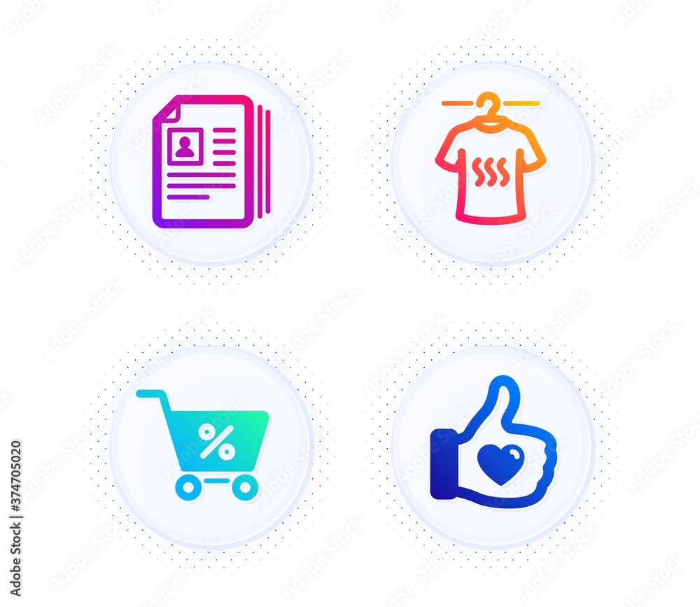 Special offer, Dry t-shirt and Cv documents icons simple set. Button with halftone dots. Like hand sign. Discounts, Laundry shirt, Portfolio files. Thumbs up. Business set. Vector