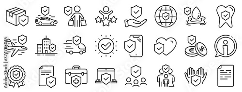 Health care, risk, help service. Insurance line icons. Car accident, flood insurance, flight protection icons. Safety document, money savings, delivery risk. Car full coverage. Vector