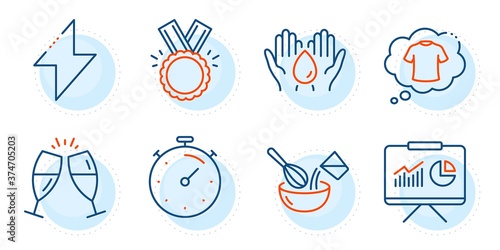 Timer, Presentation and Champagne glasses signs. Energy, Safe water and Honor line icons set. Cooking whisk, T-shirt symbols. Thunderbolt, Hold drop. Business set. Outline icons set. Vector
