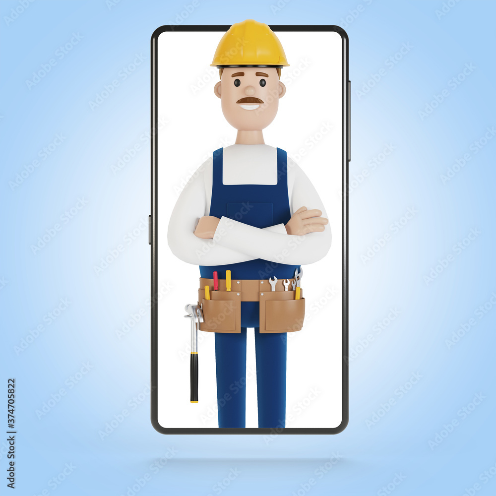 Smartphone screen with wizard. Husband for an hour. Electrician, plumber, carpenter, calling the foreman to work. 3D illustration in cartoon style. Smartphone screen with wizard. Husband for an hour. Electrician, plumber, carpenter, calling the foreman to work. 3D illustration in cartoon style.