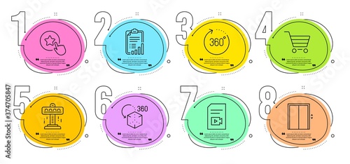 Video file, Augmented reality and Loyalty star signs. Timeline steps infographic. Market sale, Checklist and Attraction line icons set. Lift, 360 degrees symbols. Customer buying, Graph report. Vector
