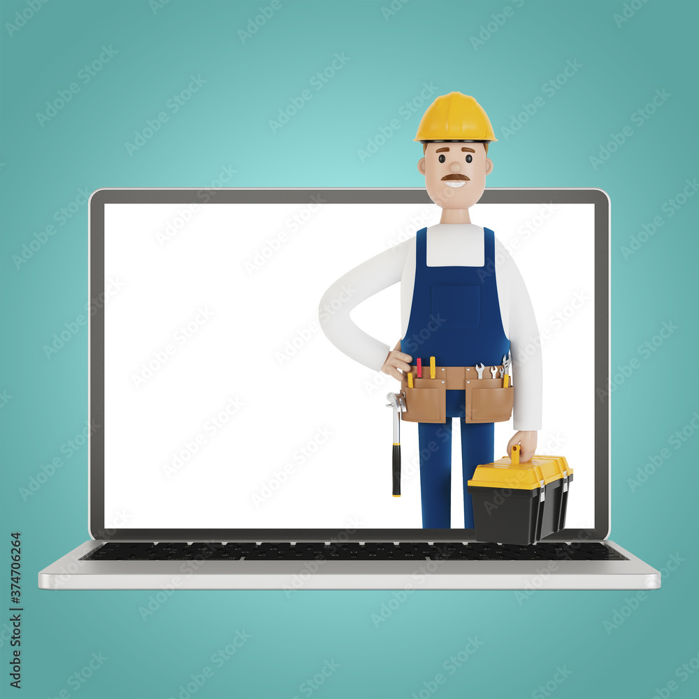 Laptop screen with wizard. Husband for an hour. An electrician, plumber, carpenter calls the foreman to work. 3D illustration in cartoon style.