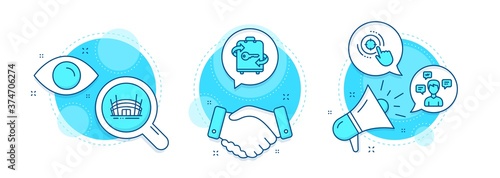 Arena stadium, Conversation messages and Seo target line icons set. Handshake deal, research and promotion complex icons. Luggage sign. Competition building, Communication, Click aim. Vector