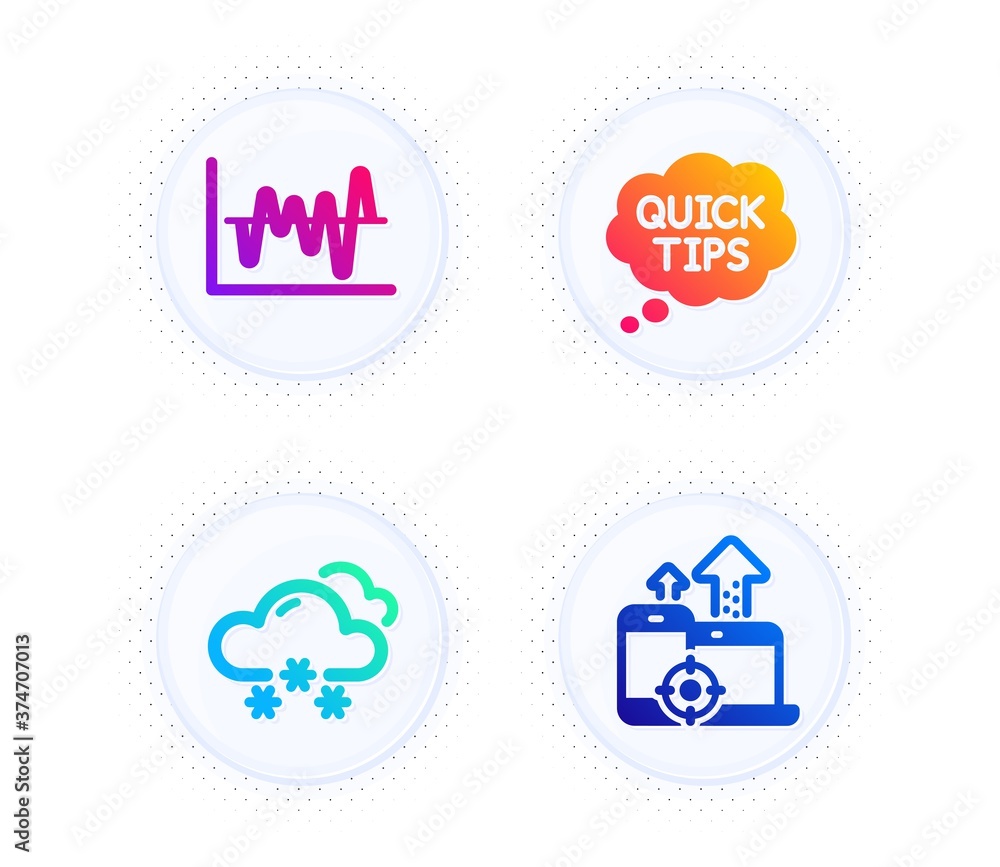 Quick tips, Snow weather and Stock analysis icons simple set. Button with halftone dots. Seo devices sign. Helpful tricks, Snowflake, Business trade. Mobile stats. Science set. Vector