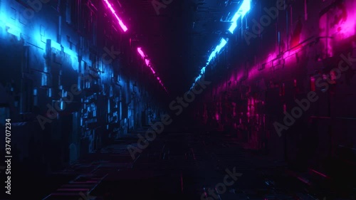 Endless flight in a futuristic metal corridor with neon lighting photo