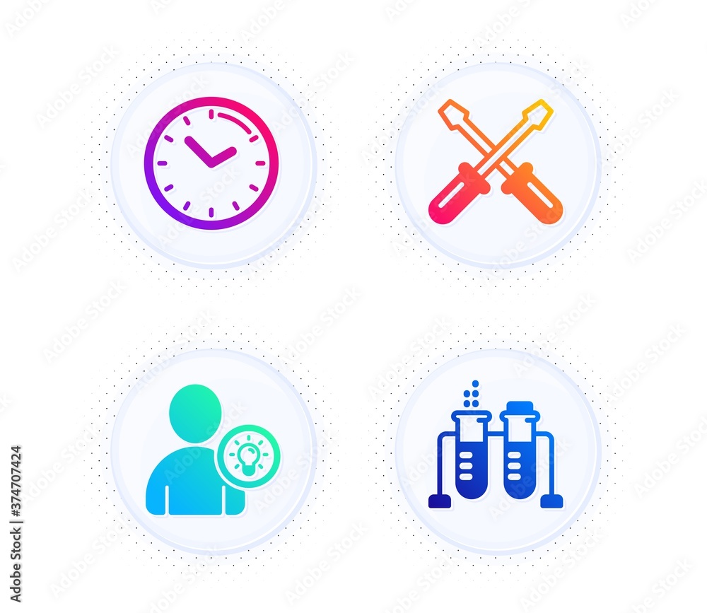 Screwdriverl, User idea and Time icons simple set. Button with halftone dots. Chemistry beaker sign. Repair tool, Light bulb, Clock. Laboratory flask. Technology set. Vector Screwdriverl, User idea and Time icons simple set. Button with halftone dots. Chemistry beaker sign. Repair tool, Light bulb, Clock. Laboratory flask. Technology set. Vector