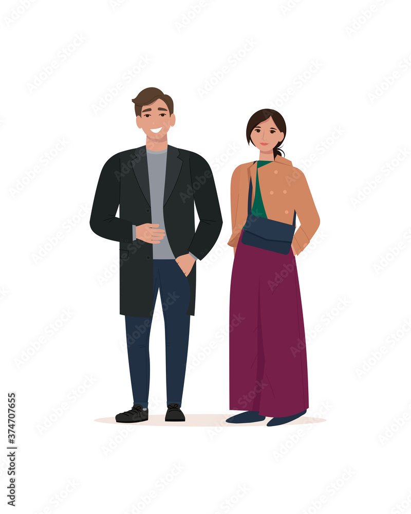 Man and woman in autumn or spring clothes. Stylish people demonstrate fashionable street style. Vector illustration in flat style