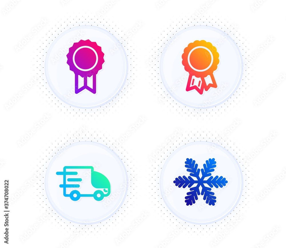 Truck delivery, Success and Reward icons simple set. Button with halftone dots. Snowflake sign. Express service, Award reward, Best medal. Air conditioning. Business set. Vector Truck delivery, Success and Reward icons simple set. Button with halftone dots. Snowflake sign. Express service, Award reward, Best medal. Air conditioning. Business set. Vector