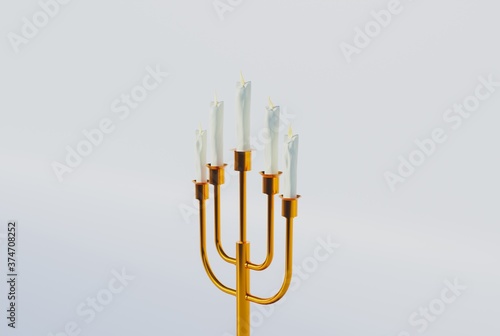 golden candlestick with candles close up. white background. 3d render.