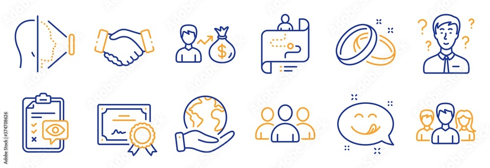 Fototapeta premium Set of People icons, such as Group, Face id. Certificate, save planet. Journey path, Sallary, Handshake. Support consultant, Teamwork, Eye checklist. Yummy smile, Wedding rings line icons. Vector