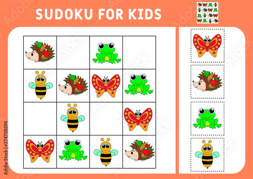 Sudoku for kids. Education development worksheet. Activity page with pictures. A puzzle game for children. Set animals. Isolated vector illustrations. Logic training