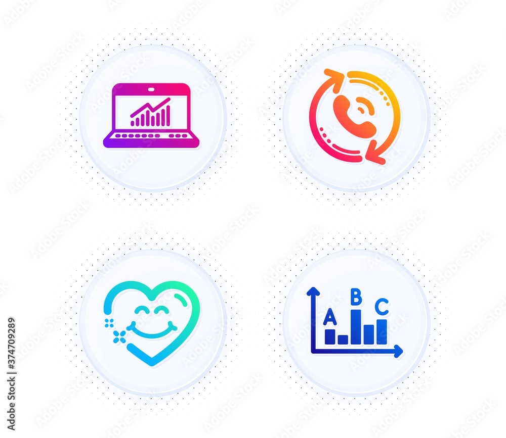 Smile face, Call center and Online statistics icons simple set. Button with halftone dots. Survey results sign. Love heart, Recall, Computer data. Best answer. Technology set. Vector