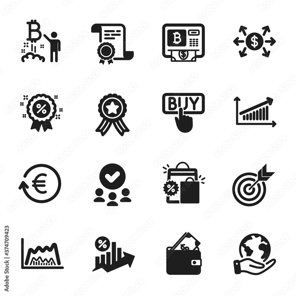 Set of Finance icons, such as Target, Loan percent. Certificate, approved group, save planet. Bitcoin atm, Bitcoin project, Buying. Trade chart, Wallet, Discount. Vector Set of Finance icons, such as Target, Loan percent. Certificate, approved group, save planet. Bitcoin atm, Bitcoin project, Buying. Trade chart, Wallet, Discount. Vector