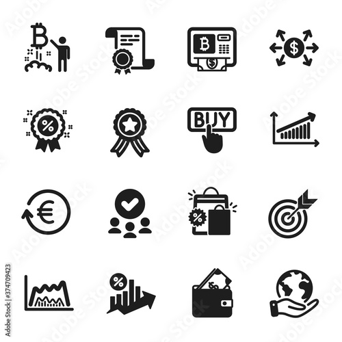 Set of Finance icons, such as Target, Loan percent. Certificate, approved group, save planet. Bitcoin atm, Bitcoin project, Buying. Trade chart, Wallet, Discount. Vector