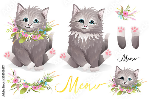 Cute fluffy furry kitten with flowers wreath around neck, cat paws, floral compositions and head portrait separately. Designer kitty clipart collection, realistic hand drawn vector in watercolor style