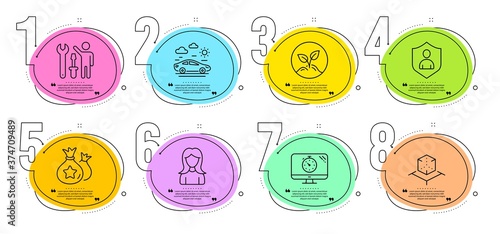 Car travel, Startup and Augmented reality signs. Timeline steps infographic. Woman, Repairman and Loyalty points line icons set. Seo timer, Security symbols. Girl profile, Repair screwdriver. Vector