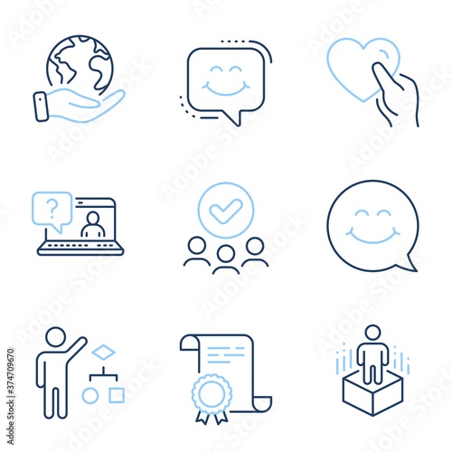 Smile face, Algorithm and Augmented reality line icons set. Diploma certificate, save planet, group of people. Faq, Smile chat and Hold heart signs. Chat, Developers job, Virtual reality. Vector