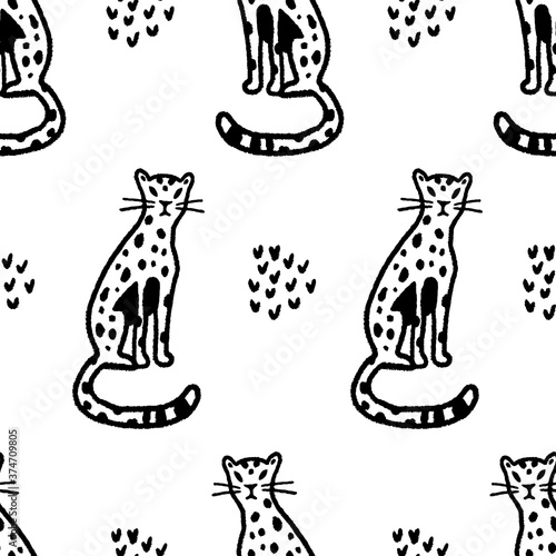 Seamless vector pattern with hand drawn cheetah. Trendy naive style