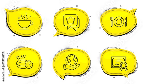 Coffee cup sign. Diploma certificate, save planet chat bubbles. Frying pan, Cooking hat and Food line icons set. Cooking timer, Chef, Restaurant. Hot drink. Food and drink set. Vector