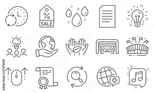 Set of Business icons, such as Swipe up, Parking garage. Diploma, ideas, save planet. Fair trade, Sale coupon, Musical note. Idea, World medicine, Rainy weather. Search, Update time, Document. Vector