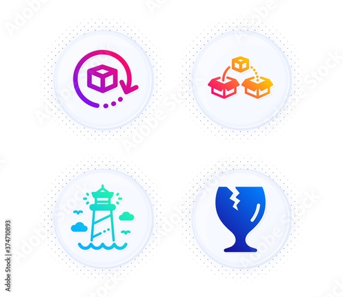 Lighthouse, Return package and Parcel shipping icons simple set. Button with halftone dots. Fragile package sign. Beacon tower, Exchange goods, Send box. Safe shipping. Industrial set. Vector