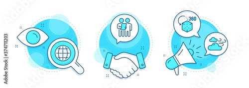 Windy weather, Survey and Augmented reality line icons set. Handshake deal, research and promotion complex icons. Globe sign. Cloud wind, Contract, Virtual reality. Internet world. Science set. Vector