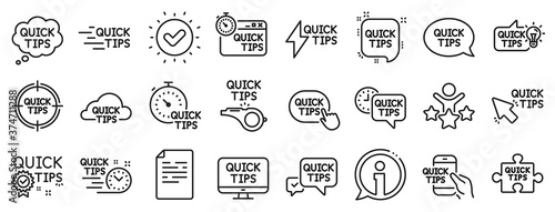 Set of Helpful tricks, Solution and Quickstart guide linear icons. Quick tips line icons. Tutorial, helpful tips and turning tricks. Hand hold smartphone, Quick chat, tutorial, whistle signs. Vector