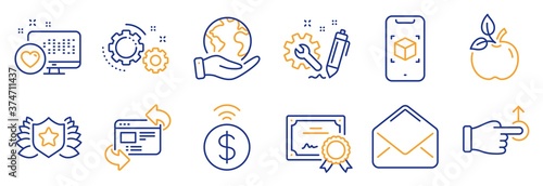 Set of Business icons, such as Mail, Eco food. Certificate, save planet. Refresh website, Drag drop, Augmented reality. Engineering, Gears, Contactless payment. Laureate, Heart line icons. Vector