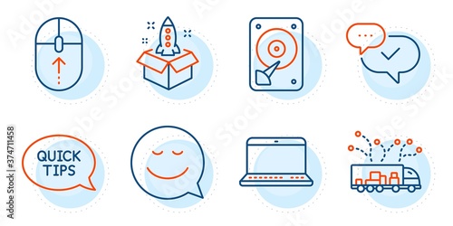 Smile, Notebook and Truck delivery signs. Startup, Swipe up and Hdd line icons set. Approved, Quickstart guide symbols. Innovation, Scrolling page. Technology set. Outline icons set. Vector
