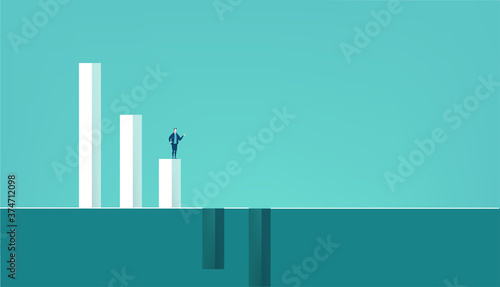   Business people standing next to growth bars, moving around carefully in order to avoid to fall down to the negative rate. Business concept illustration.
