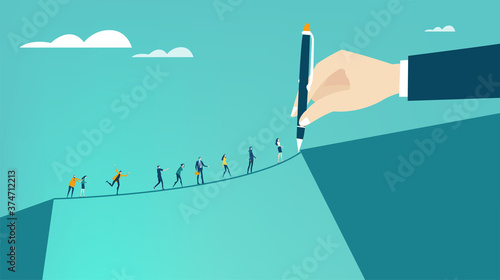 Hand of big boss, businessman helps to little people to find a way. Support, sorting the problems, advisory, control. Business concept illustration.