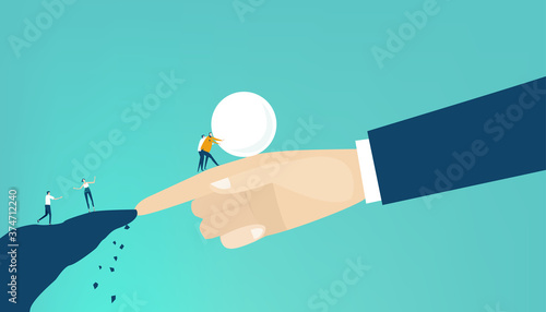 Hand of big boss, businessman helps to little people to find a way. Support, sorting the problems, advisory, control. Business concept illustration.
