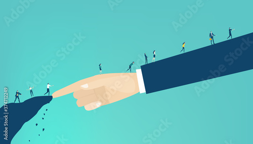Hand of big boss, businessman helps to little people to find a way. Support, sorting the problems, advisory, control. Business concept illustration.