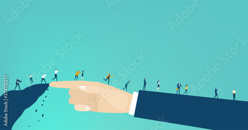 Hand of big boss, businessman helps to little people to find a way. Support, sorting the problems, advisory, control. Business concept illustration.