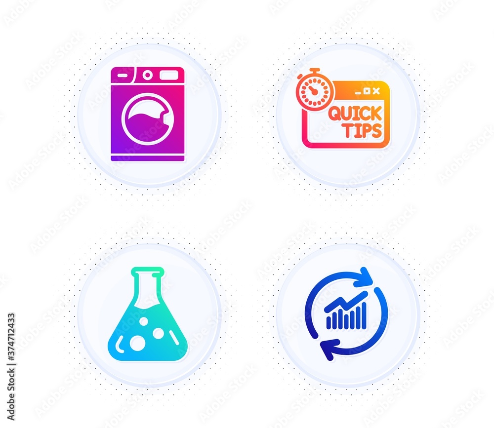 Chemistry lab, Quick tips and Washing machine icons simple set. Button with halftone dots. Update data sign. Laboratory, Helpful tricks, Laundry service. Sales statistics. Technology set. Vector
