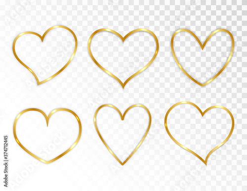 Set of gold paper heart isolated on transparent background. Vector illustration.