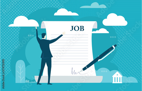 Businessman sings contract. Successful beed, professional growth, global business, internet community concept illustration.