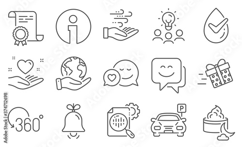 Set of Business icons, such as Full rotation, Wind energy. Diploma, ideas, save planet. Smile face, Seo stats, Present delivery. Dermatologically tested, Hold heart, Bell. Vector