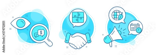 Environment day, Calendar and Puzzle line icons set. Handshake deal, research and promotion complex icons. Payment received sign. Safe world, Time, Engineering strategy. Money. Technology set. Vector