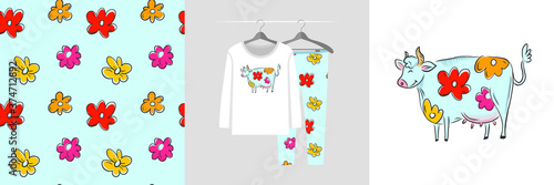 Seamless pattern and illustration set with big flower cow