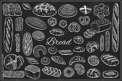 Bread, loaf, baguette, bun, croissant and more items illustration set in graphic sketch style. Vector hand drawn vintage engraving illustration for poster, label and  menu bakery shop.