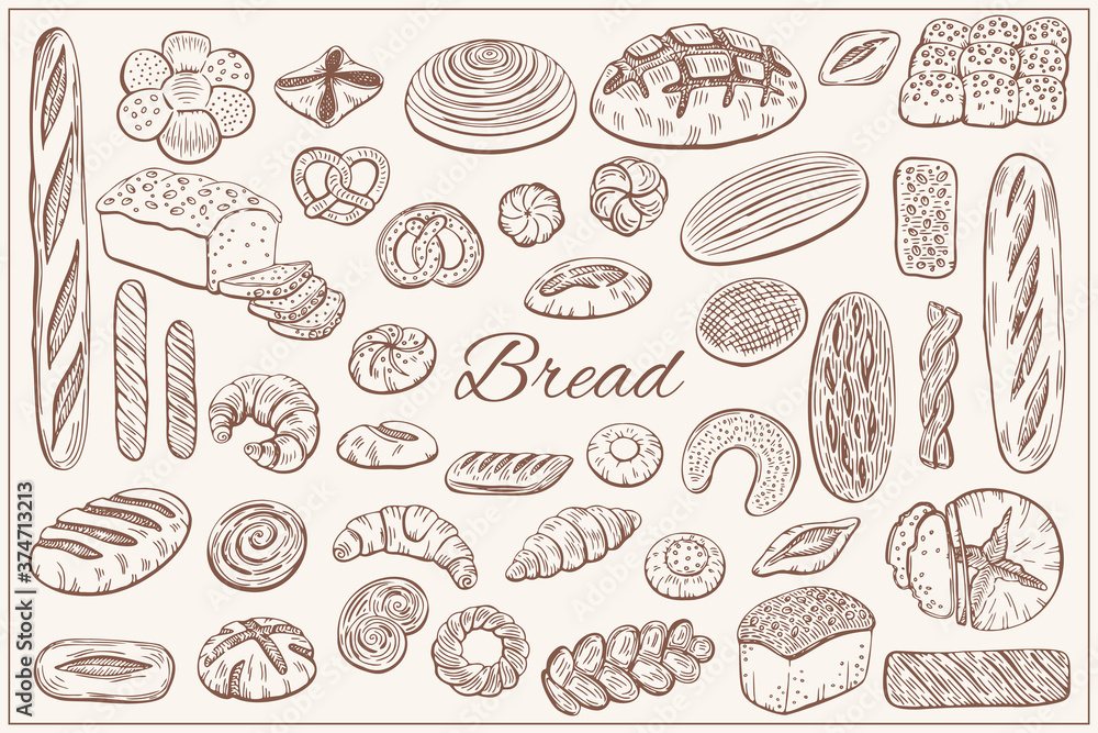 Bread, loaf, baguette, bun, croissant and more items illustration set in graphic sketch style. Vector hand drawn vintage engraving illustration for poster, label and  menu bakery shop.