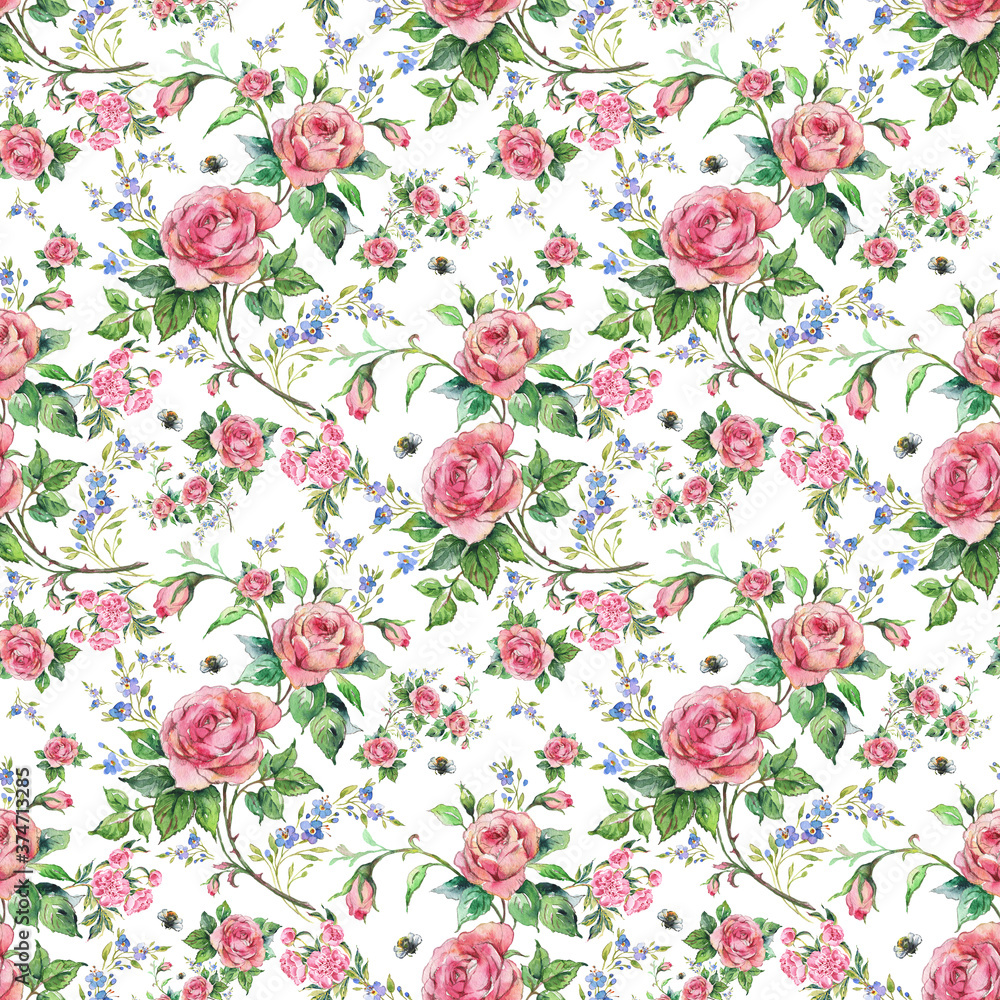 Fototapeta Seamless pattern lovely roses and peonies with foliage 