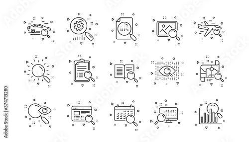 Indexation, Artificial intelligence and Car rental. Search line icons. Search images linear icon set. Geometric elements. Quality signs set. Vector