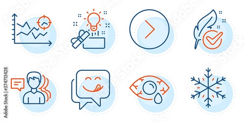 Yummy smile, Snowflake and Hypoallergenic tested signs. People, Creative idea and Forward line icons set. Ð¡onjunctivitis eye, Seo analysis symbols. Support job, Present box. Business set. Vector